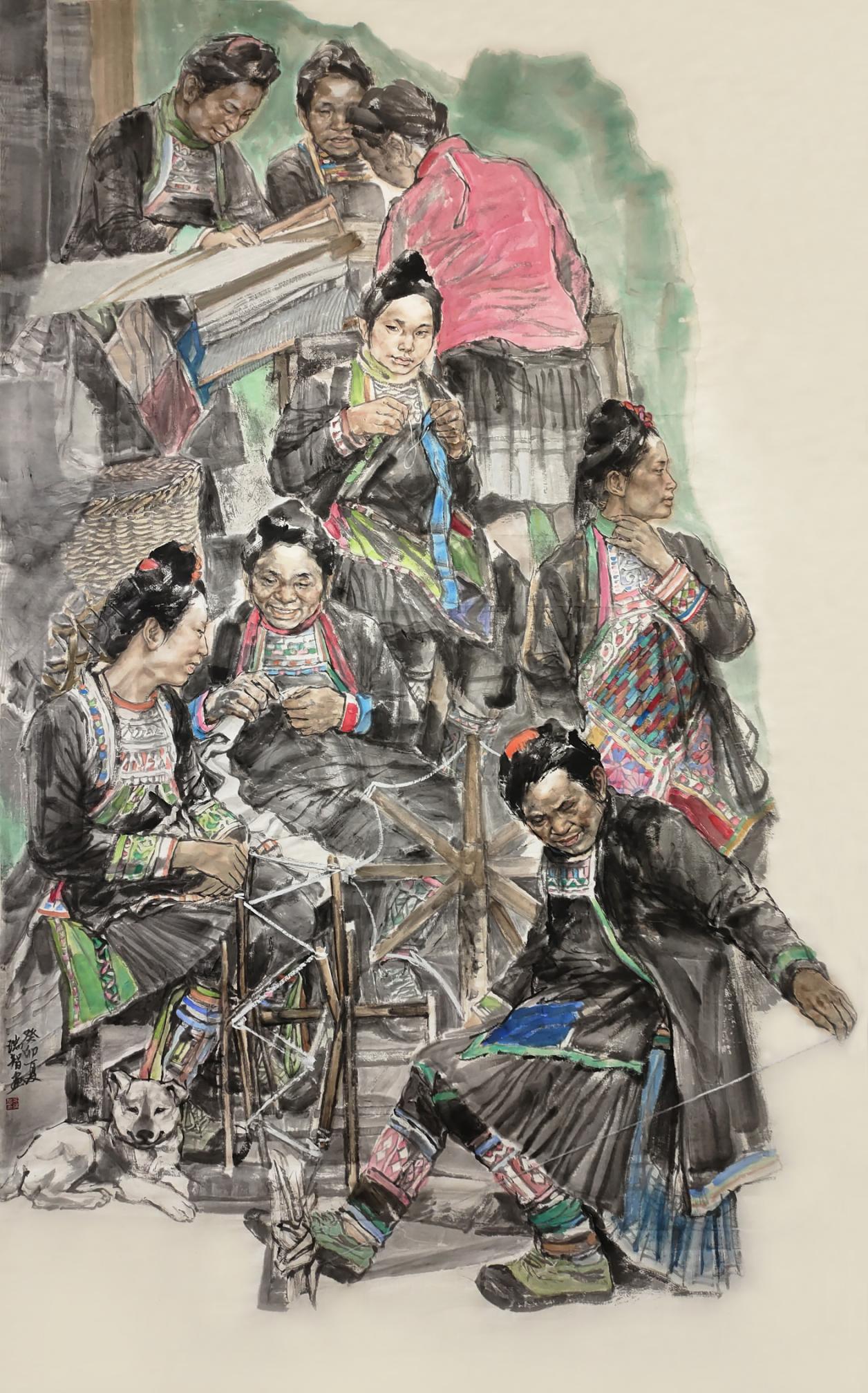 孟瑞智《纺车悠悠》中国画 145x232cm 2023