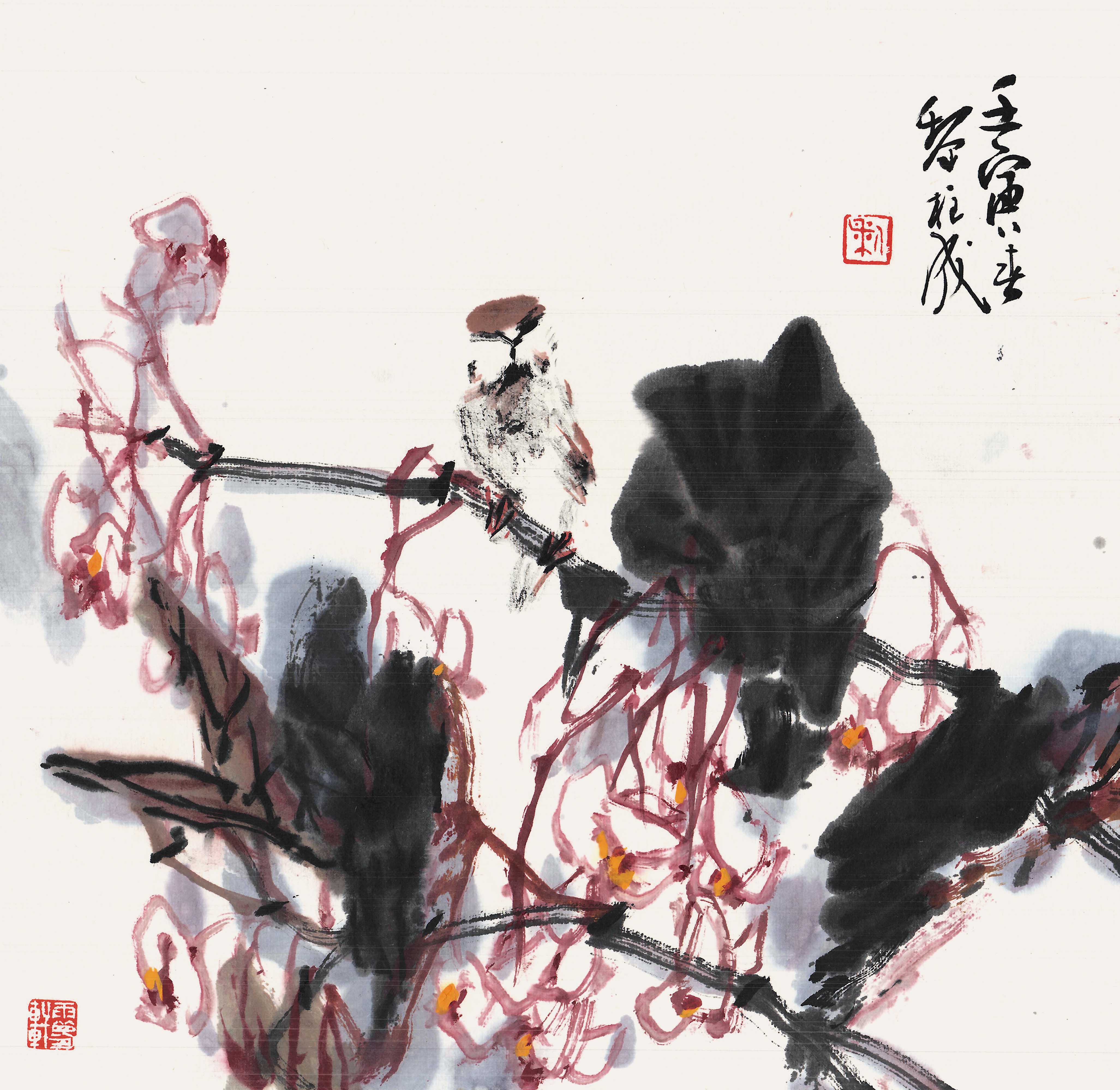 1 黎柱成 海棠小鸟 33x33cm 2022年
