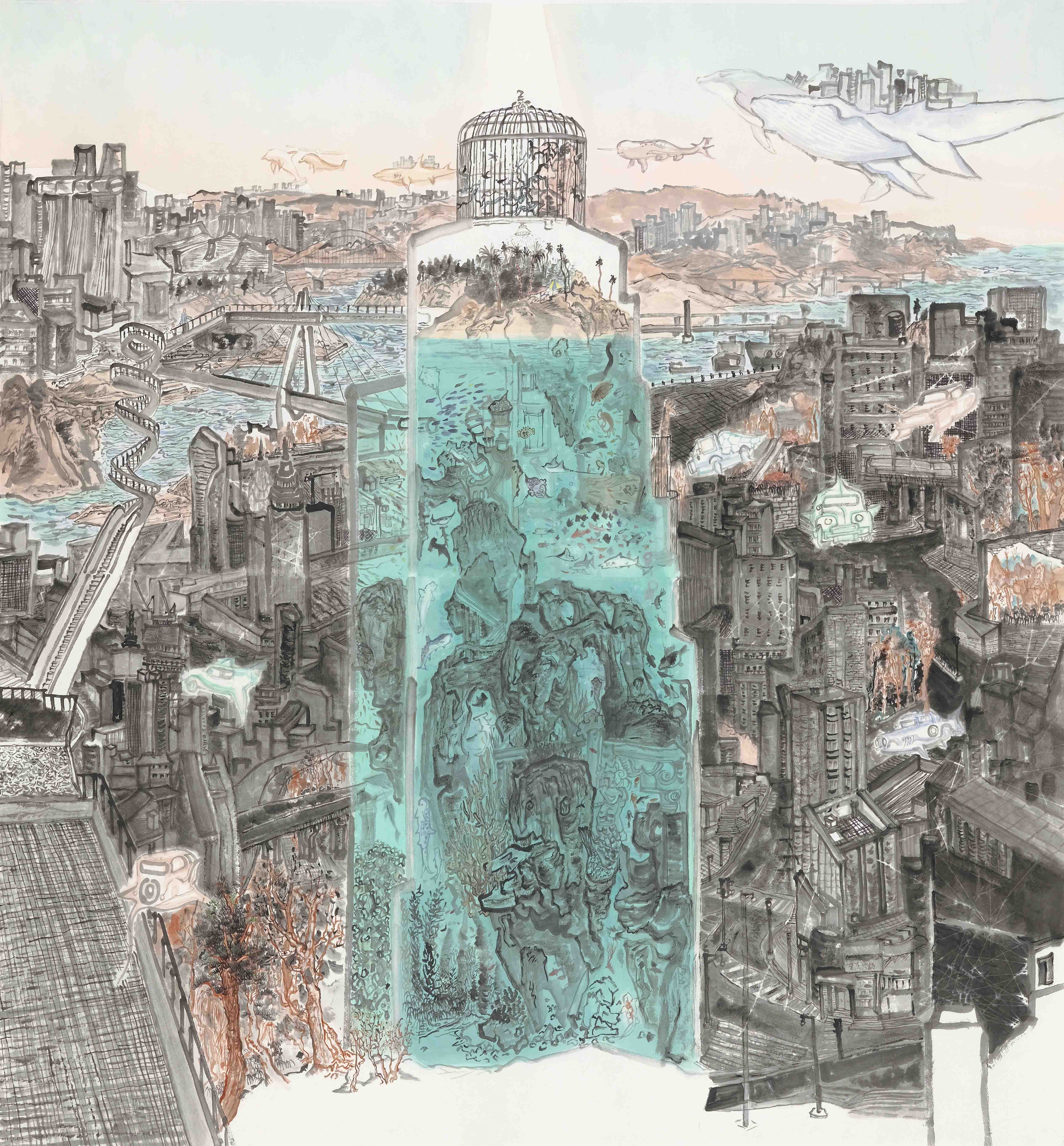 薛志炜 2021级硕士 国画 《都市里的点点星光》 194x180cm