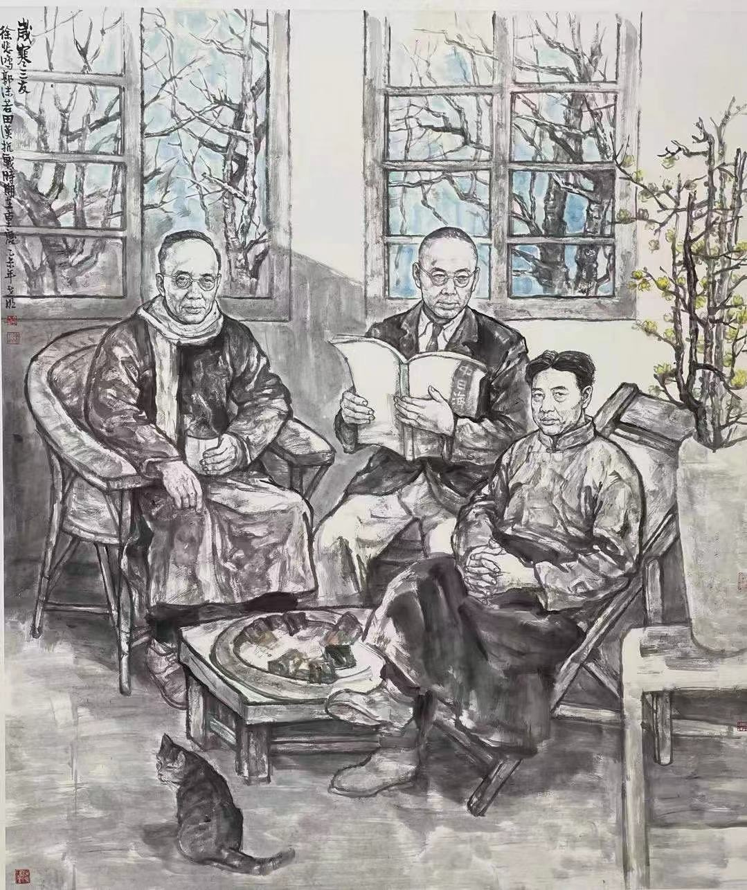 2 中国画 王世明《岁寒三友》170 X145 c m，2015重作，（重庆文联2015个人艺术扶持项目，扶持资金7万元人民币。重庆市第五届中国画展二等奖）。