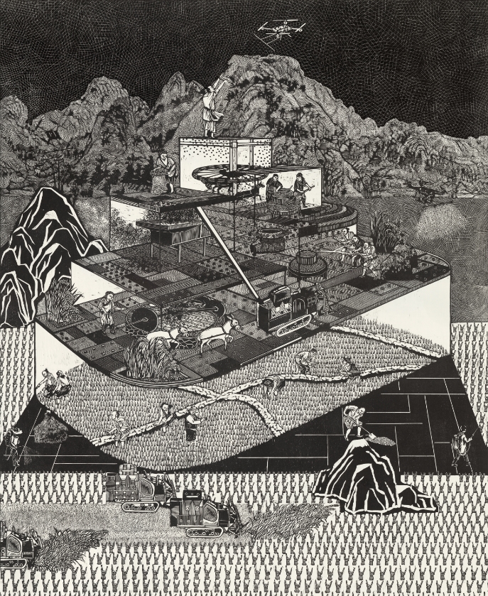 重读授时图---麦垅风来110x90cm 黑白木刻  解丹 2024年