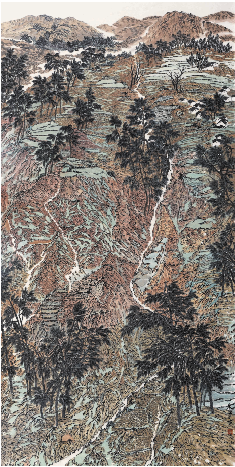 2、朱平 《红土地》 中国画 180cmx96cm 2018年