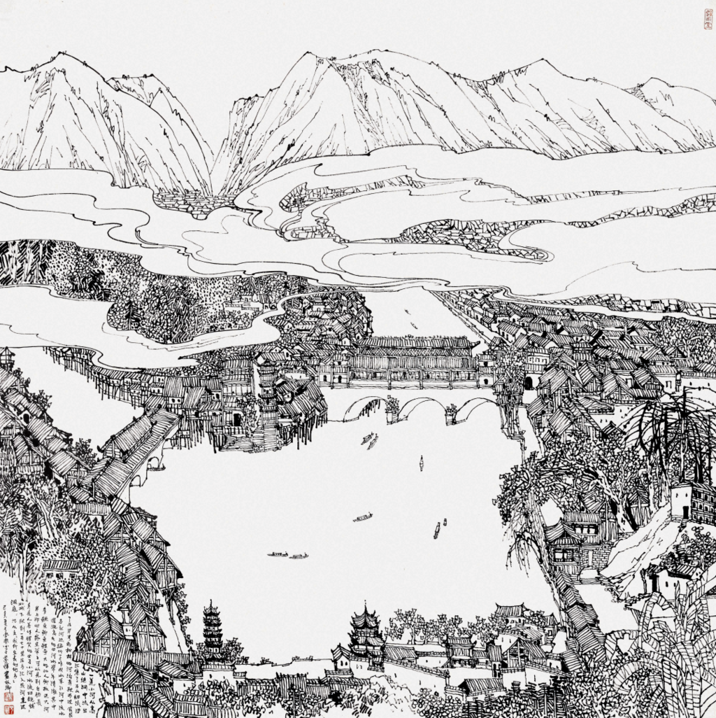 12 毛光辉 《凤凰古城凤景》 白描 180x180cm 2010年