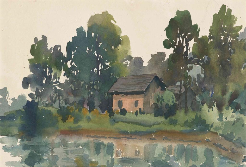 屋前水田  水彩  32×47cm  1992年
