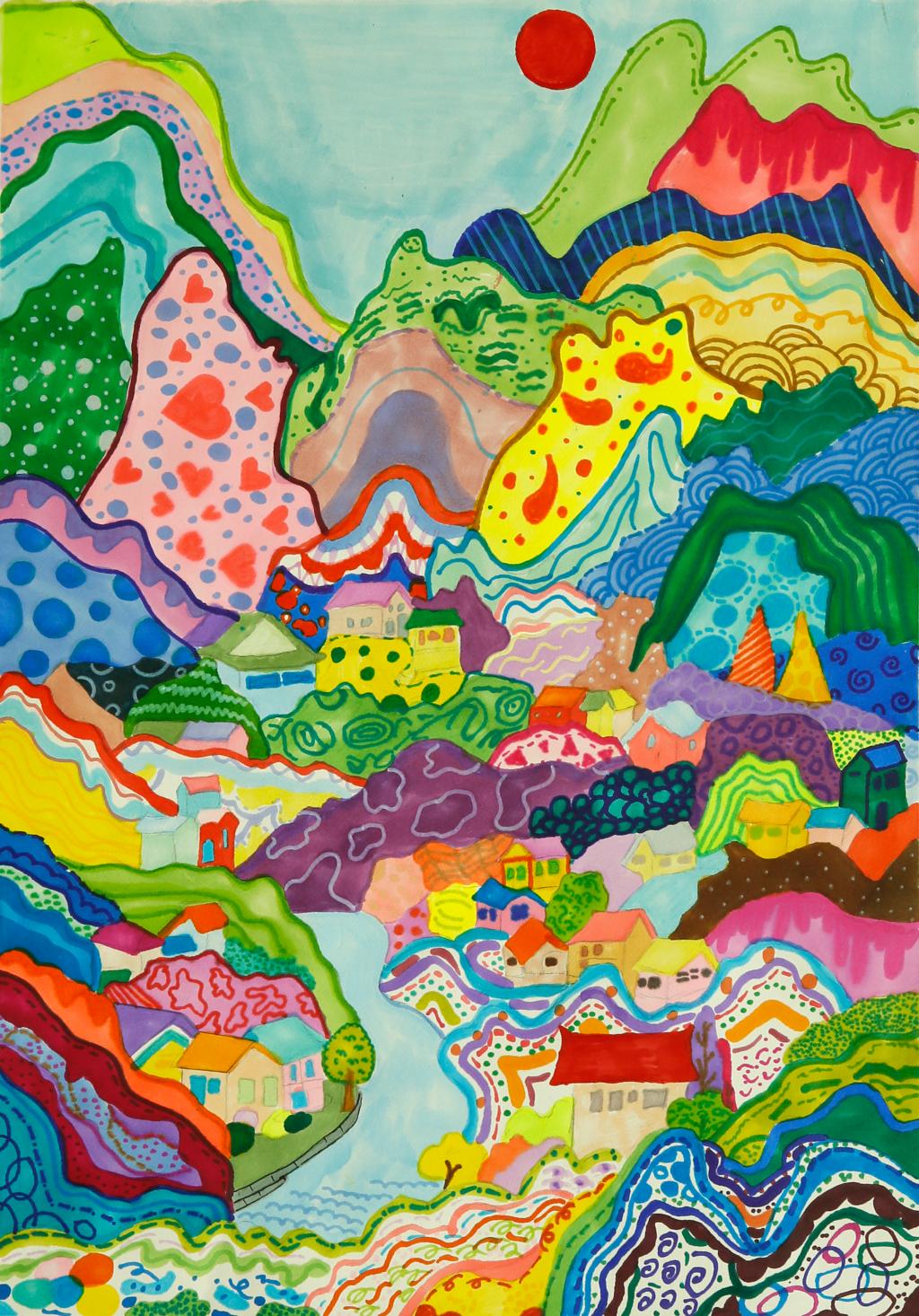 王跃熹,《梦游仙境·山城》儿童画，重庆市涪陵区美术馆