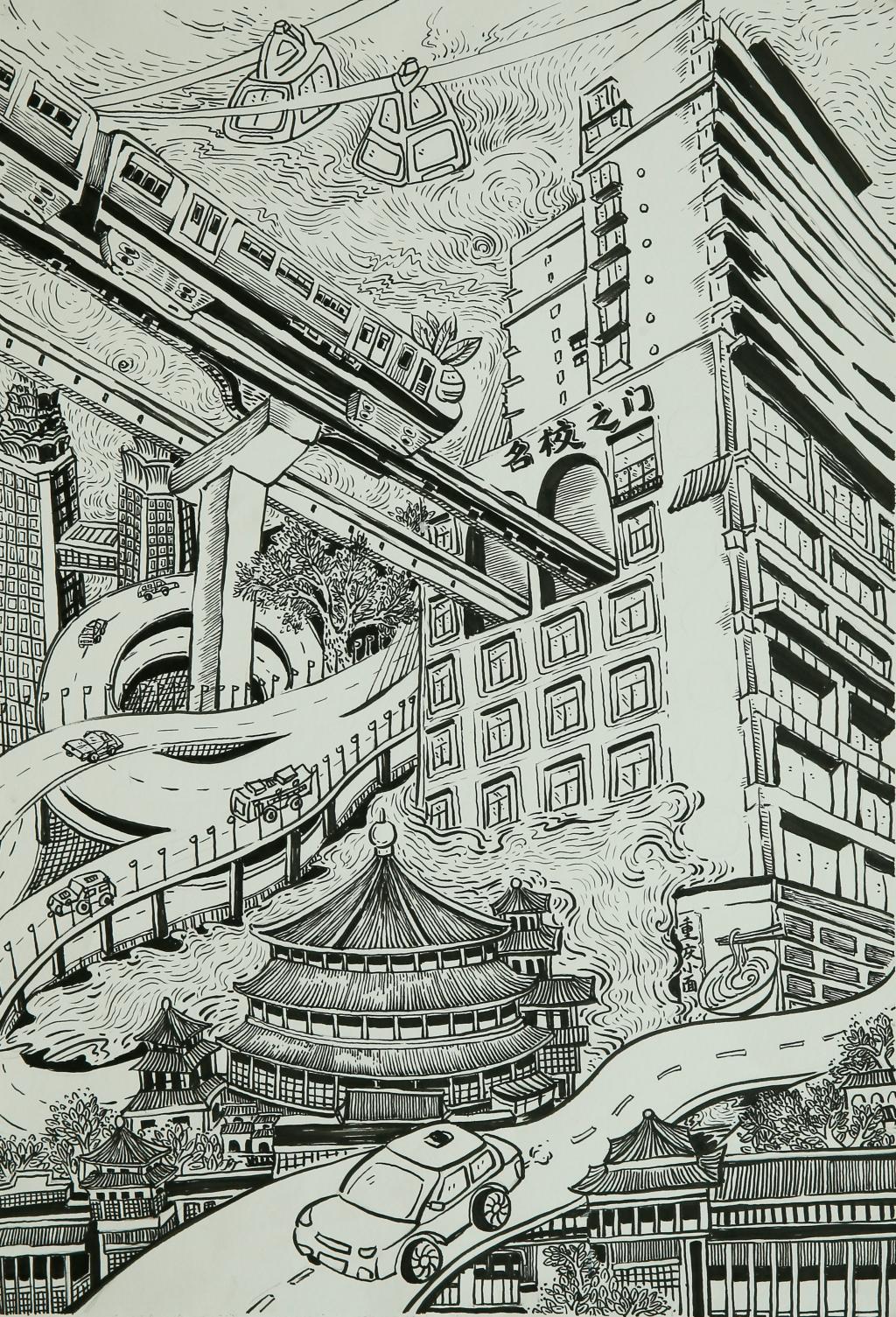 李安然,《菜头列车带我去名校》,线描，重庆市涪陵区美术馆