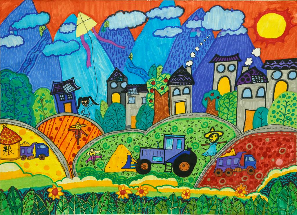 黄俐涵，《乡村振兴》儿童画，重庆市涪陵区美术馆