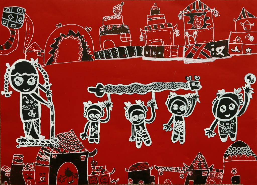 冯荣萸儿,《爻里小镇过龙年》,儿童画，重庆市涪陵区美术馆