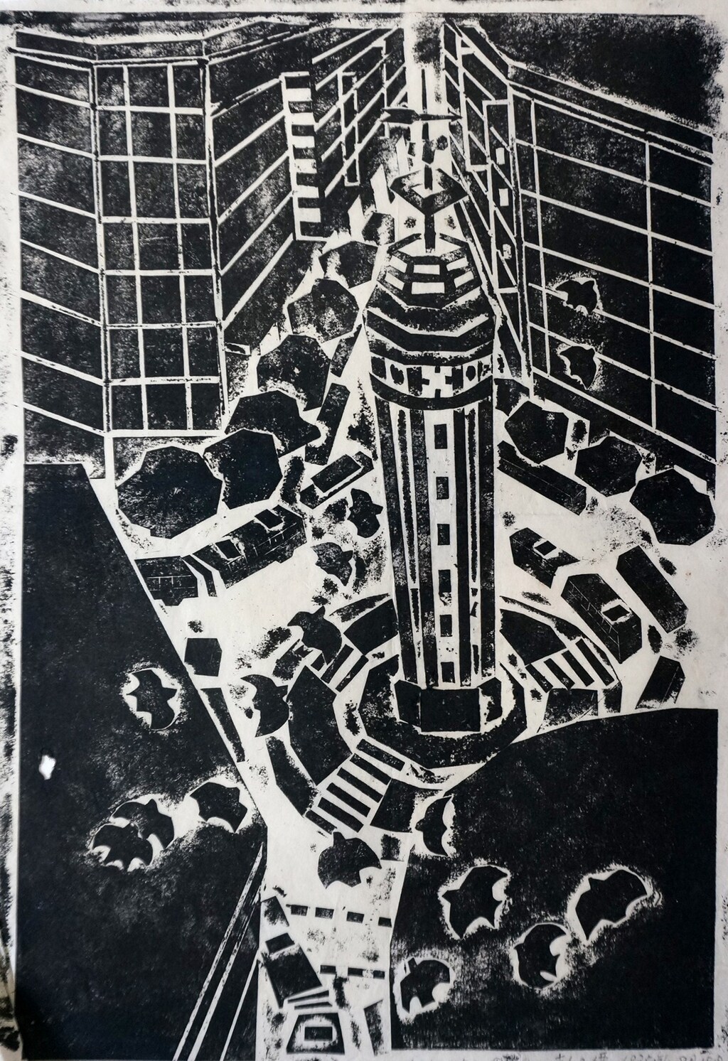 彭子缙 解放碑钟声 60×40cm  版画 1981年