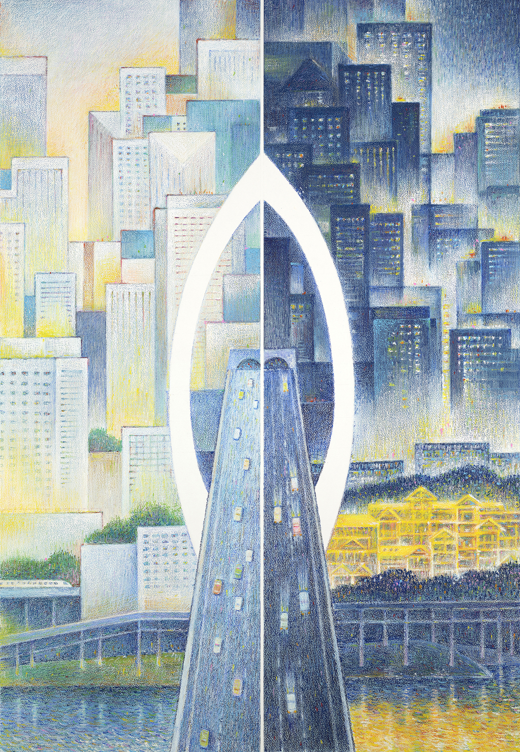 祝殿超 杨靓雅 山城的一天 96×139cm 水彩 粉画 2024
