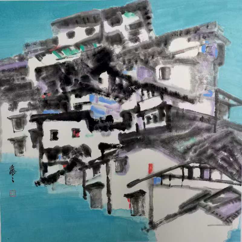 王岚岚  吊脚楼  68x68cm 中国画 2023