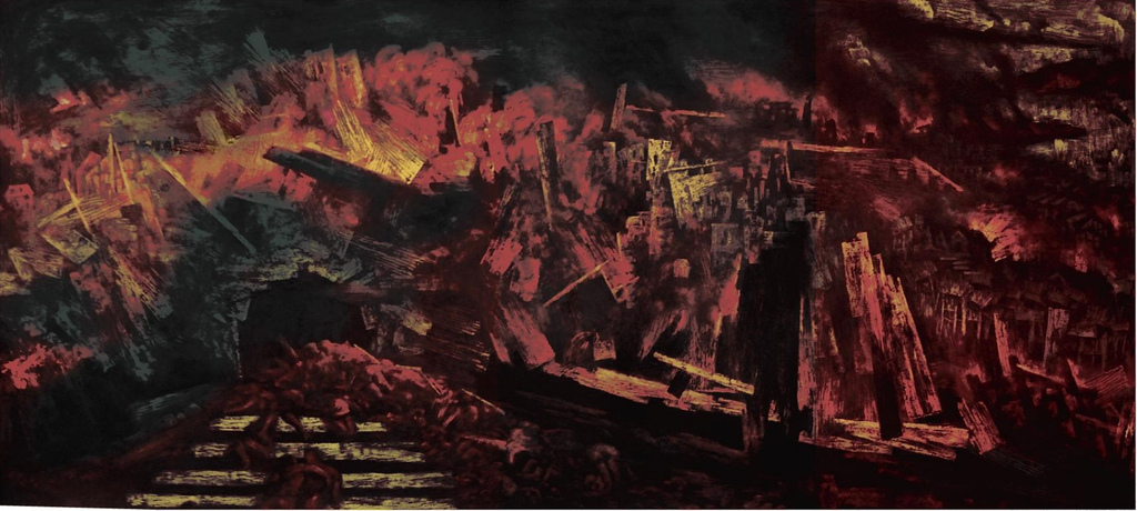 《重庆大轰炸》 李毅力  综合版画 101x235cm  2016年