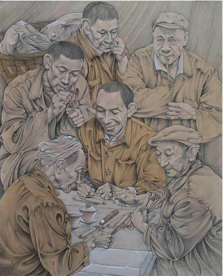 《茶馆系列之二》 黄山 黄丹  布面综合材料 130x90cm  2014年