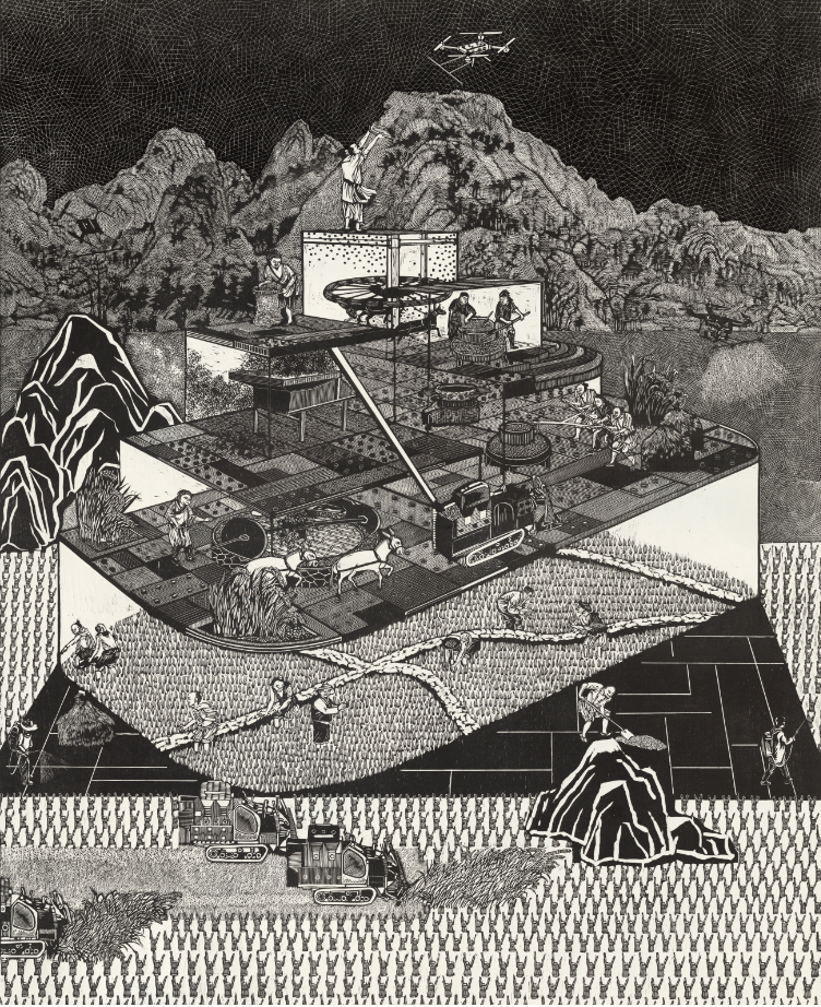 《重读授时图——麦垅风来》 解丹    黑白木刻  110x90cm 2024年