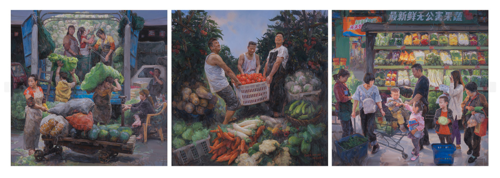 《采采珍蔬·满满菜篮》赵晓东 布面油画 200×200㎝×3幅  2018年