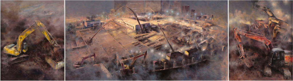 《决战前夜——记火神山医院建设》 翁凯旋、刘影   油画100×360cm 2020年