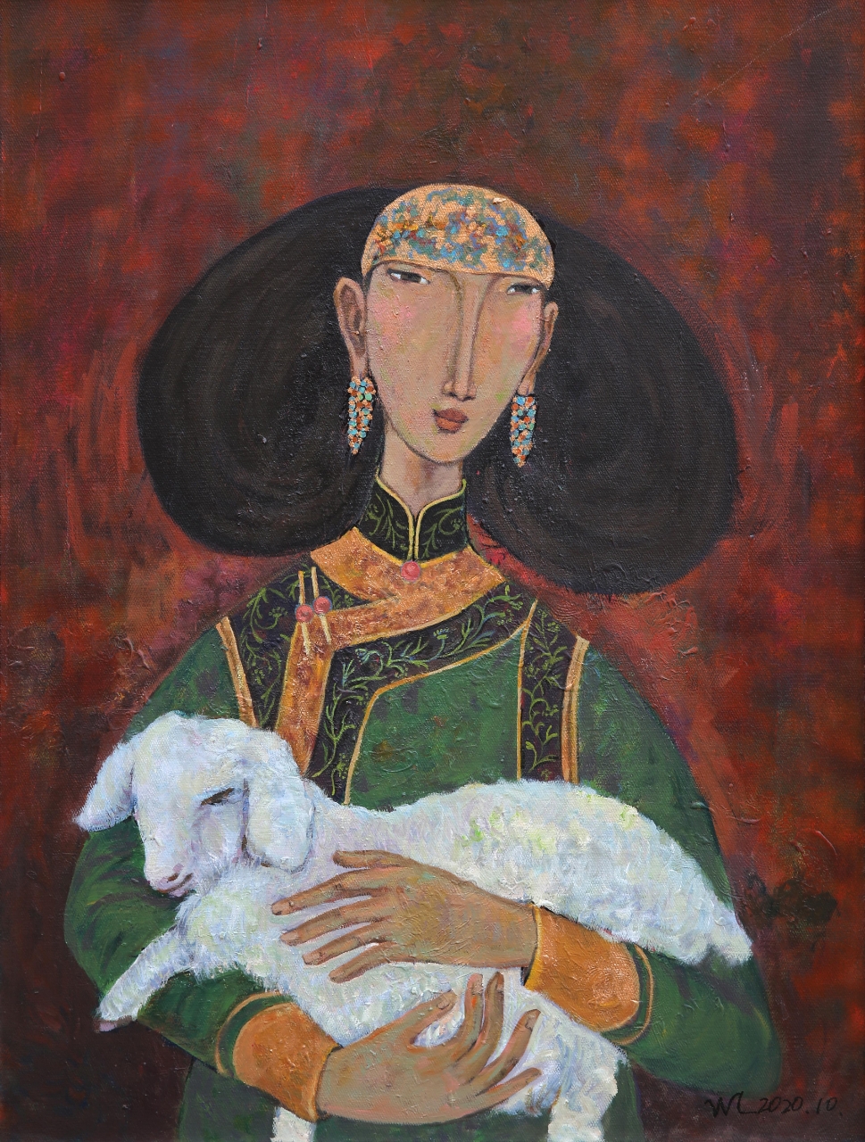 乌兰 《抱小羊羔的女子》 油画  60cmx80cm 2020年